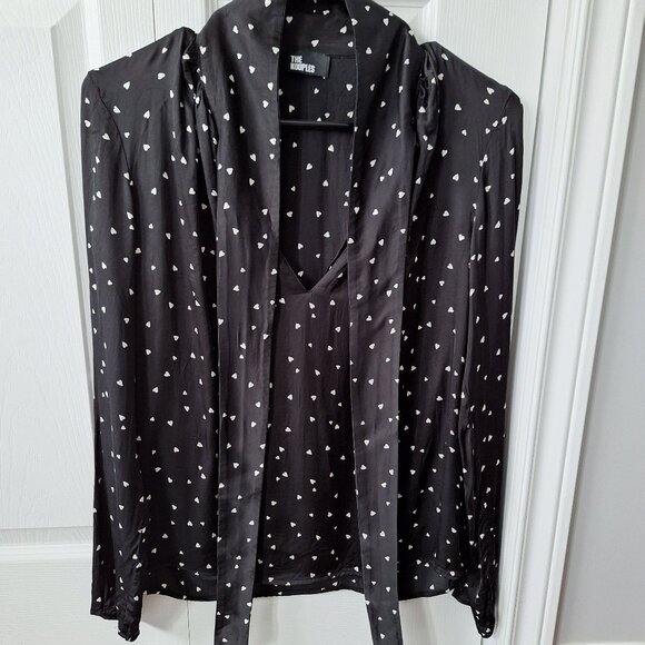 The Kooples Black and White Heart Print Tie-Neck Blouse - Picture 1 of 7